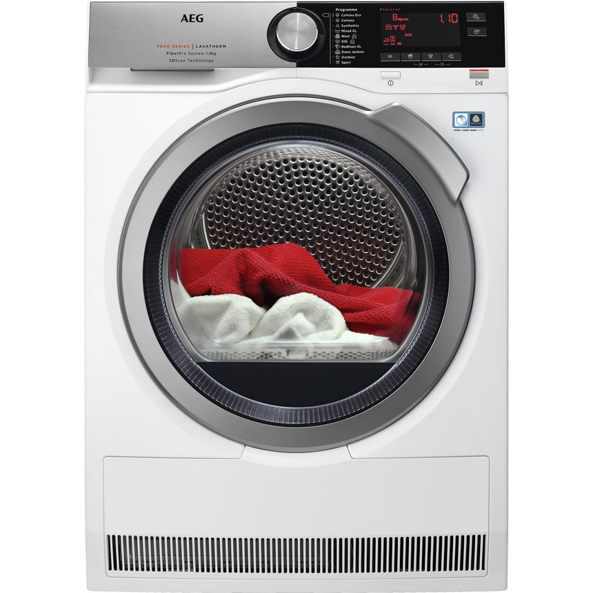 Uscator de rufe AEG T9DBC68S, Pompa de caldura, 8 kg, 10 programe, Clasa A+++, Motor Inverter, AbsoluteCare, Display touch LCD, OKOFlow, Alb