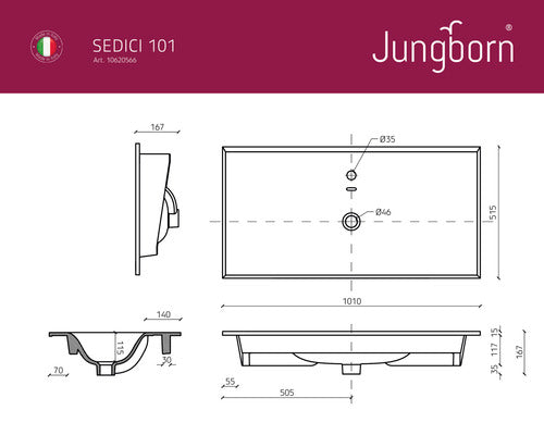 Lavoar ceramica Jungborn Sedici 101 cm alb lucios