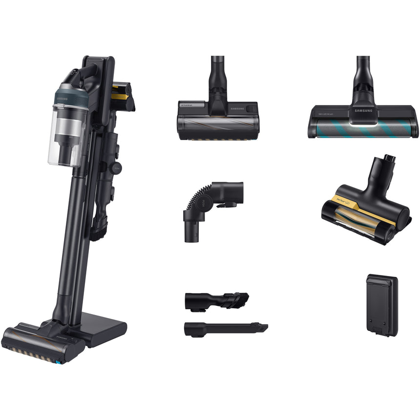 Aspirator vertical Samsung Jet 95 Complete VS20C9544TB/GE, 0.8L, 25.2V, 580W, Digital Inverter, Perie Jet Dual pentru covoare, Perie Slim LED pentru parchet, Perie Pet, Z-Station, 60 min autonomie, Negru-Albastru