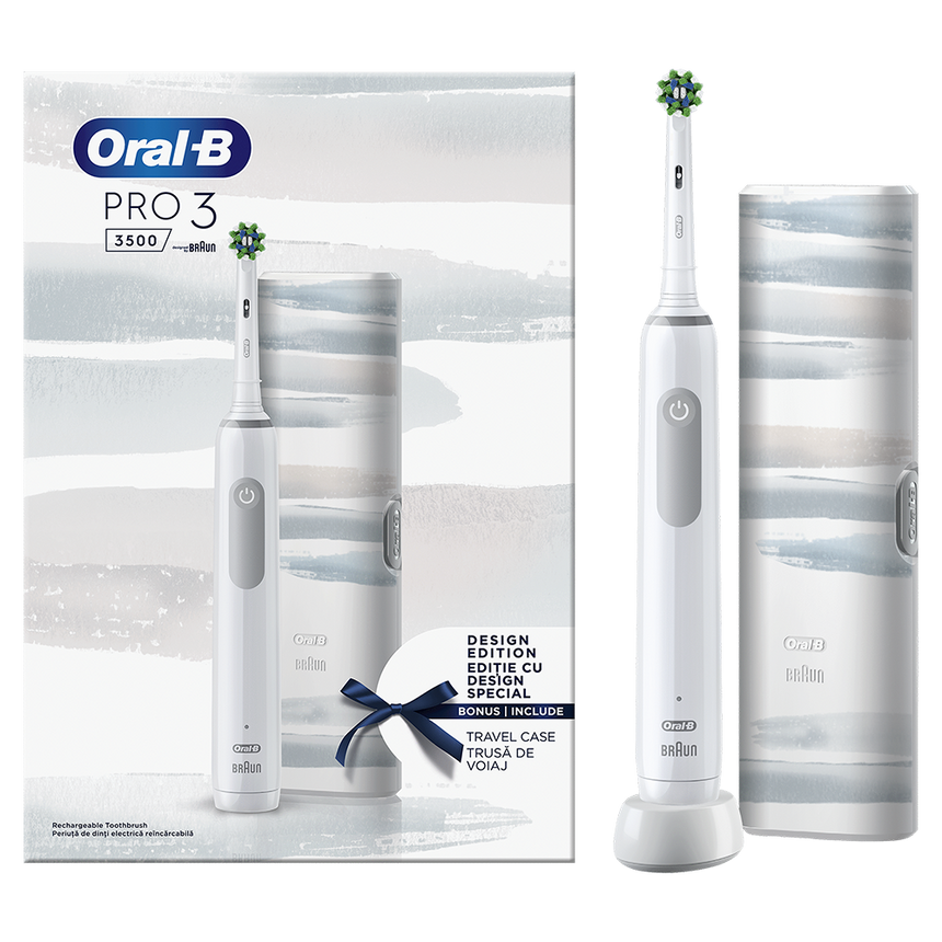 Periuta de dinti electrica Oral-B Pro 3 3500, Curatare 3D, 3 programe, 1 Incarcator, 1 Capat, Trusa de calatorie, Alb