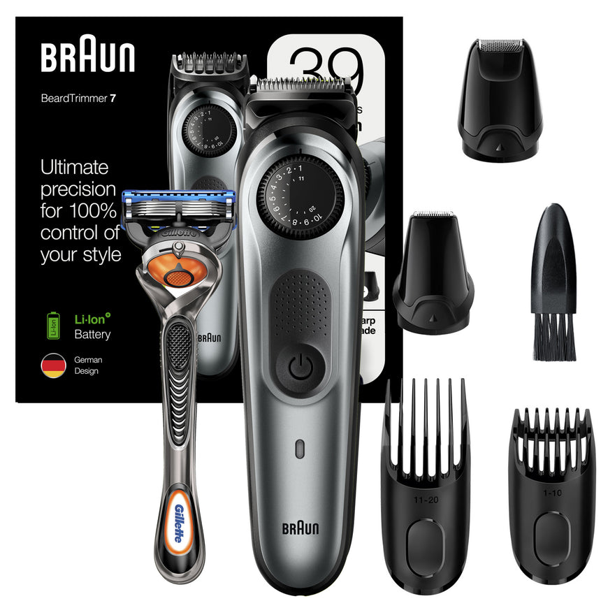 Aparat de tuns barba Braun Beard Trimmer BT7220 Wet&Dry, AutoSense, buton rotativ de precizie, lame de metal, 2 piepteni, 2 accesorii extra, Statie de incarcare, Aparat de ras Gillette, Saculet de voiaj, Gri