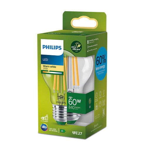 Bec LED cu filament Philips Ultra Efficient, A60, E27, 4W (60W), 840 lm, lumina calda (2700K), Clasa energetica A