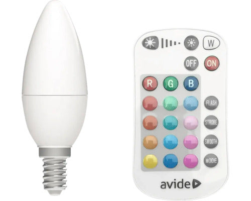Bec Led Rgbw Avide E14 4, 9w 470 Lumeni, Glob Mat Lumanare, Cu Telecomanda