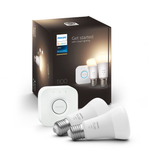 Pachet kit baza 2 becuri LED Philips Hue, Bluetooth, Zigbee, A60, 9.5W (75W), 1055 lm, lumina alba calda (2700K) + Consola Hue Bridge, clasa energetica F