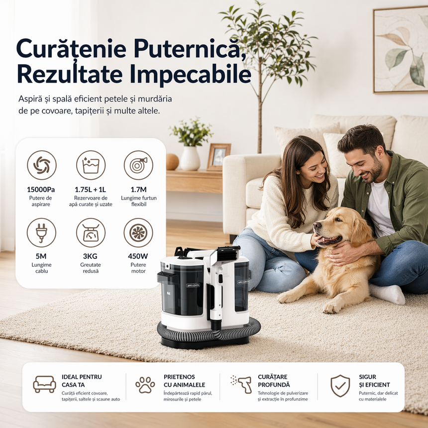 Aspirator Spalare Tapiterie Lubluelu V6, 450W, 1.75L, Rezervor Dublu, Curatare Canapea, Saltea, Auto, Alb