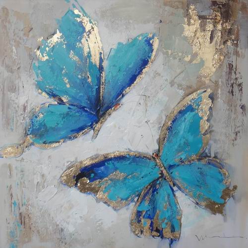 Tablou Pictat Manual Mendola Butterfly, Fluture, 40x40 cm, Pânză pe Șasiu din Lemn, Albastru-Alb