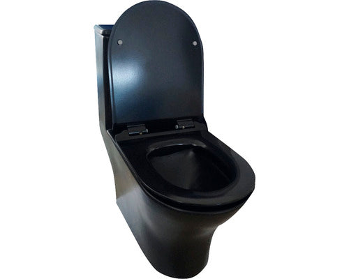 Set vas WC rimless pe pardoseala, include rezervor si capac WC soft close, negru mat