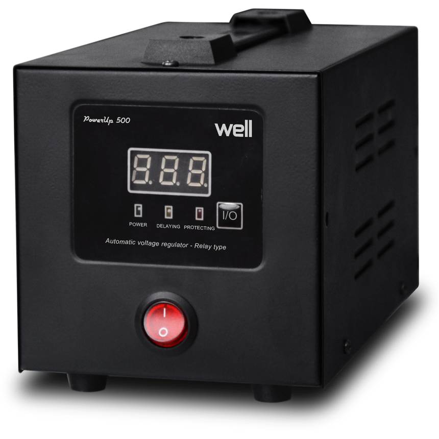 Stabilizator automat de tensiune cu releu, WELL PowerUp, 500VA/300W, Monofazic, Tip conector: 1xSchuko, Protectie: supraincalzire, scurtcircuit