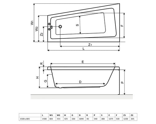 Cada de Baie Asimetrica pe Colt, Radaway Evia, 150x80,5x42,50 cm, Colt, Stanga, Acril, Alb, WA1-44-150x080L