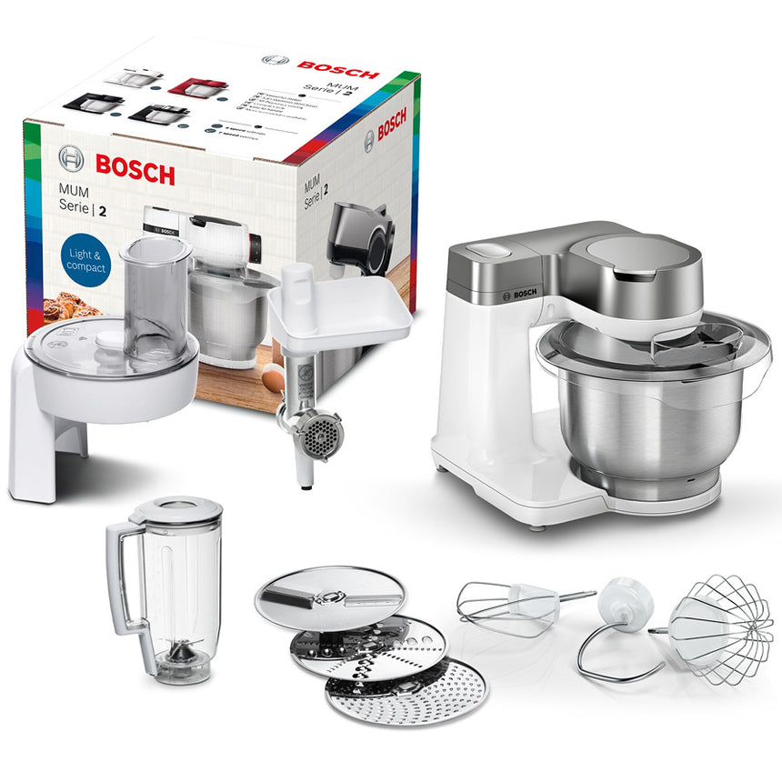 Robot de bucatarie Bosch MUMS2VS30, 900 W, Bol inox 3.8 l, Blender 1.25 l, 7 viteze + Pulse, Mixare planetara 3D, Set patiserie, Accesoriu razuire, Masina de tocat, Alb