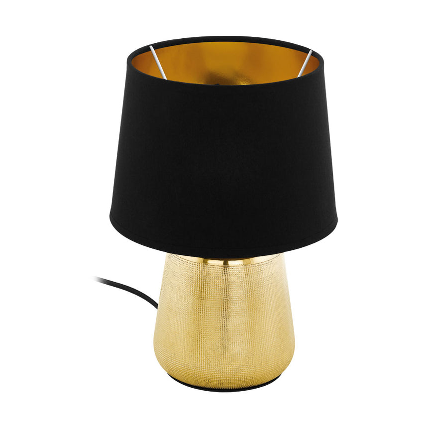Veioza MANALBA 1, EGLO, E14, 1x40W, ceramica, material textil, negru, auriu, 30 x 20 cm, intrerupator pe fir
