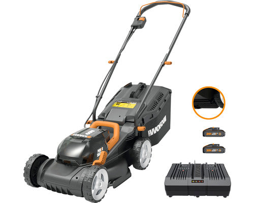 Masina de tuns gazon/iarba pe acumulator WORX WG779E, 40 V, 2 x 2.5 Ah, latime taiere 34 cm, inaltime taiere 20 - 70 mm, 6 trepte de taiere, sac colector 30 L, contine: incarcator dublu + 2 acumulatori 2.5 Ah
