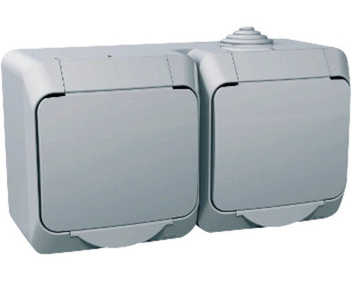 Priza dubla cu impamantare Schneider Cedar Plus WDE000623, IP44 gri, montaj aplicat orizontal