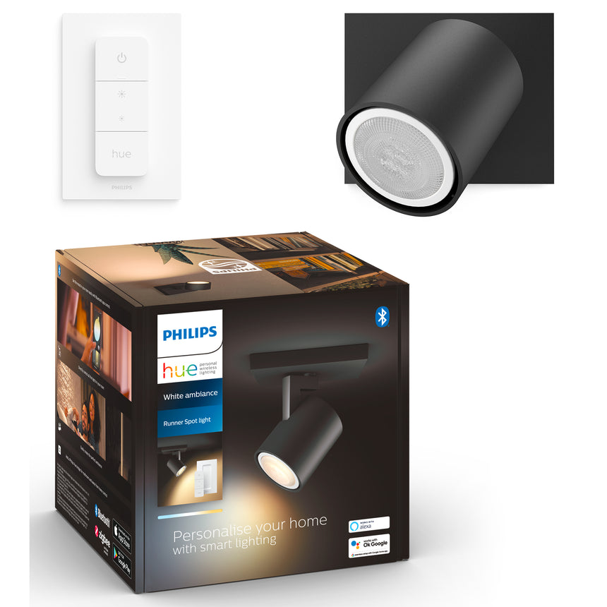 Spot inteligent Philips Hue Runner, Bluetooth, ZigBee Light Link, GU10, 5W (50W), 350 lm, ambianta alba, comenzi vocale, metal, Negru, clasa energetica G