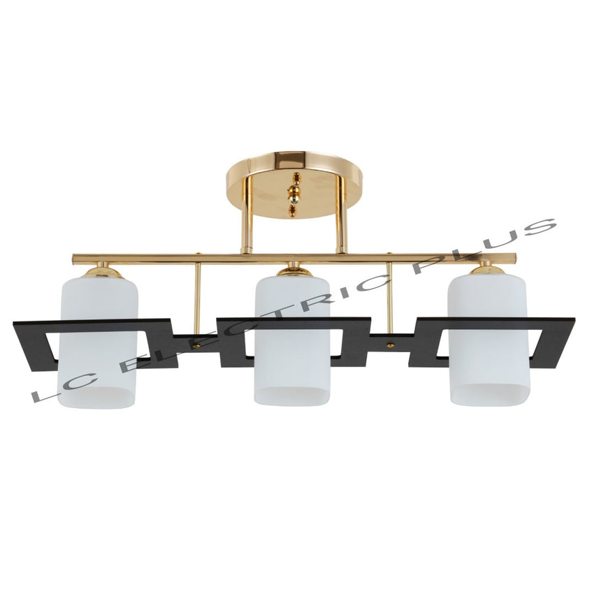 Lustra Cube metal auriu cu negru, abajur sticla alba, 3X60W, dulie E27