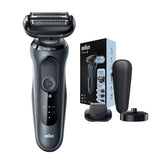 Aparat de ras electric Braun Series 6 61-N4500cs Wet&Dry, AutoSense, 4 elemente de taiere, SensoFlex, Statie de incarcare, accesorii pentru ingrijirea barbii, Trusa de voiaj, Gri