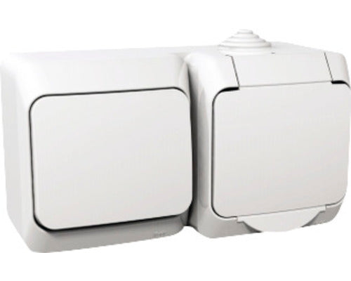 Intrerupator cap-scara simplu & Priza Schneider Cedar Plus WDE000504, IP44 alb, montaj aplicat orizontal