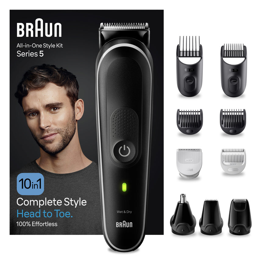 Aparat de tuns multifunctional Braun MGK5440, Wet&Dry, 10-in-1, 2 piepteni ficsi, 3 piepteni, 1 capat, 1 mini aparat de ras, autonomie 100 minute, Saculet de voiaj, Negru/Gri