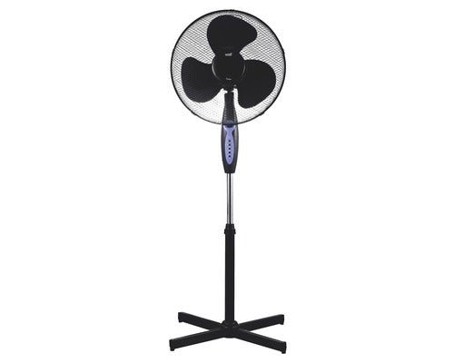 Ventilator cu picior Well, telecomanda, 45W, diametru 43 cm, 3 trepte de viteza, gril frontal de protectie, oscilare la 90 grade, baza stabila, negru, IP20