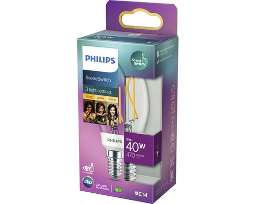 Bec LED Philips B35, E14, 5W (40W), 470 lm, temperatura lumina reglabila, Clasa energetica F