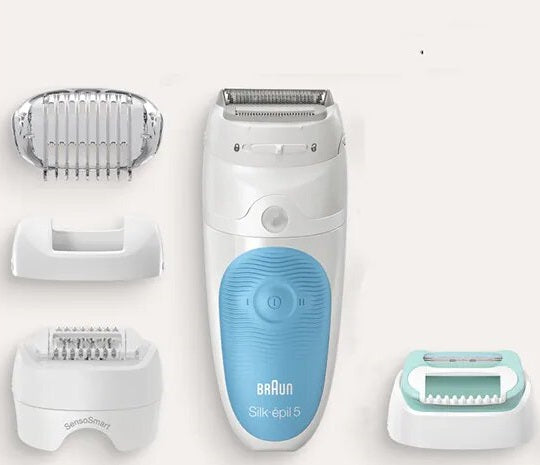 Epilator, Braun, SES5-610 Wet & Dry, 28 pensete, timp de functionare 30 minute, prindere anti-alunecare, 2 trepte de viteza, Alb/Albastru