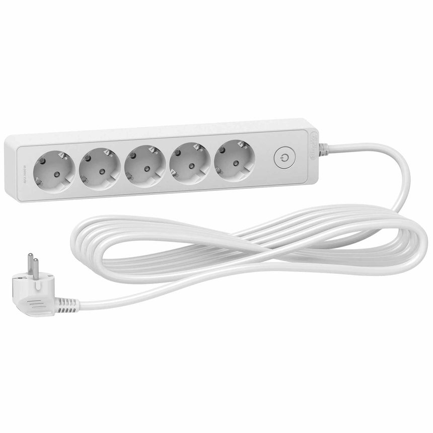 Prelungitor Schneider Unica ST9455W, cu intrerupator, 5 prize, protectie copii, cablu 3x1.5mmp, 5m, Alb