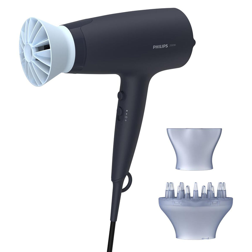 Uscator de par Philips BHD360/20, 2100W, accesoriu Thermo Protect, ingrijire cu ioni, 3 trepte de temperatura, 2 trepte de viteza, cap de coafare 14 mm, difuzor, Albastru inchis
