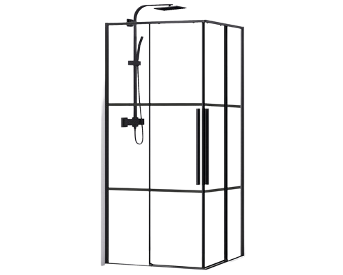 Paravan de dus patrat Belform Infinity 27CB1814, 2 usi culisante, geam 6mm, cu dungi negre, profil negru mat, 80x80x200 cm