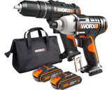 Set Masina De Gaurit Cu Percutie Worx Wx370 20v Max. 50nm Si Masina De Gaurit Cu Impact Worx Wx291, cu 2 Acumulatori