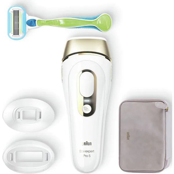Set Epilator IPL Braun Silk-Expert Pro 5 PL5223, 400k Impulsuri, 10 Trepte, Aparat de ras Venus, Alb/Auriu