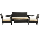 Set mobilier terasa, 2 scaune, canapea, masa, perne pentru sezut, negru si crem
