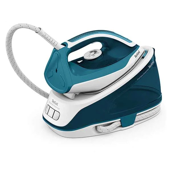 Statie de calcat Tefal Express Essential SV6115E0, 2200W, 5.2 bar, jet de abur 280 g/min, abur variabil 0-120 g/min, rezervor 1.4L, oprire automata, sistem anti-picurare, tehnologie Calc Clear, talpa Xpress Glide, alb/ verde