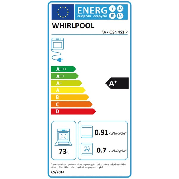 Cuptor incorporabil Whirlpool W7 OS4 4S1 P BL, Electric, 73 l, Autocuratare pirolitica, Tehnologia al 6-lea Simt, Ready2Cook, SteamSense, Grill, Clasa A+, Negru