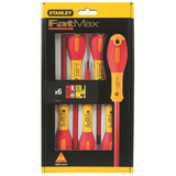 Set de 6 surubelnite izolate Stanley Fatmax 0-65-441, varf CNC pentru rezistenta si precizie, sablat contra coroziunii, aprobat VDE pana la 1,000V, cu izolatie completa pentru siguranta, maner rosu conform VDE, fabricat in Franta