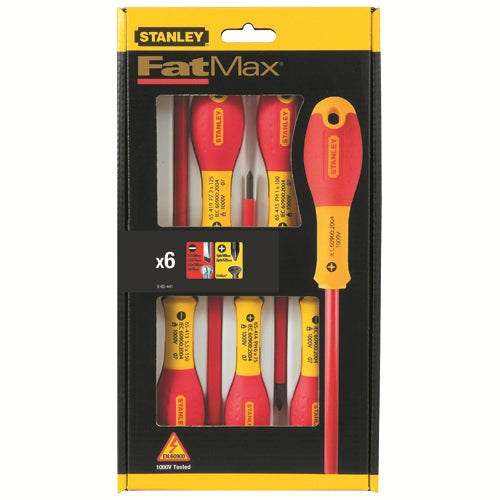 Set de 6 surubelnite izolate Stanley Fatmax 0-65-441, varf CNC pentru rezistenta si precizie, sablat contra coroziunii, aprobat VDE pana la 1,000V, cu izolatie completa pentru siguranta, maner rosu conform VDE, fabricat in Franta