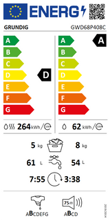 Masina de spalat rufe frontala cu uscator GRUNDIG GWD68P408C, 8/5 kg, 1400rpm, Clasa D, Alb