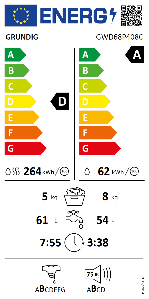 Masina de spalat rufe frontala cu uscator GRUNDIG GWD68P408C, 8/5 kg, 1400rpm, Clasa D, Alb