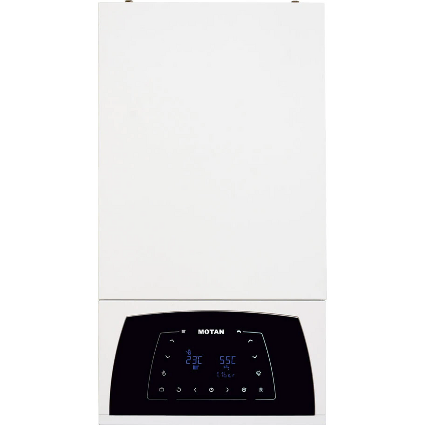 Centrala termica in condensare Motan Condens Plus 100 C38GC25V1, 25 kw, schimbator principal inox, schimbator secundar supradimensionat, raport de modulare 1:10, grup hidraulic din bronz, fara kit de evacuare