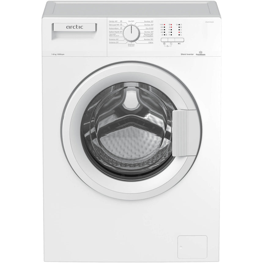 Masina de spalat rufe Slim Arctic APL61014XLW0, 6 Kg, 1000 RPM, Clasa D, Motor Silent Inverter, ExtraSteam, Prewash, Fast+, Smart Sensors, Extra Rinse, Child Lock, Anticrease, Digital Display, Alb
