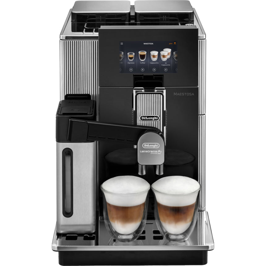 Espressor automat De'Longhi Maestosa EPAM 960.75.GLM, Carafa pentru lapte, Sistem LatteCrema, Carafa pentru ciocolata si gheata, 2 rasnite, Tehnologie Bean Adapt, Coffee Link App, 1450W, 19 bar, 2.5l, Negru/Inox