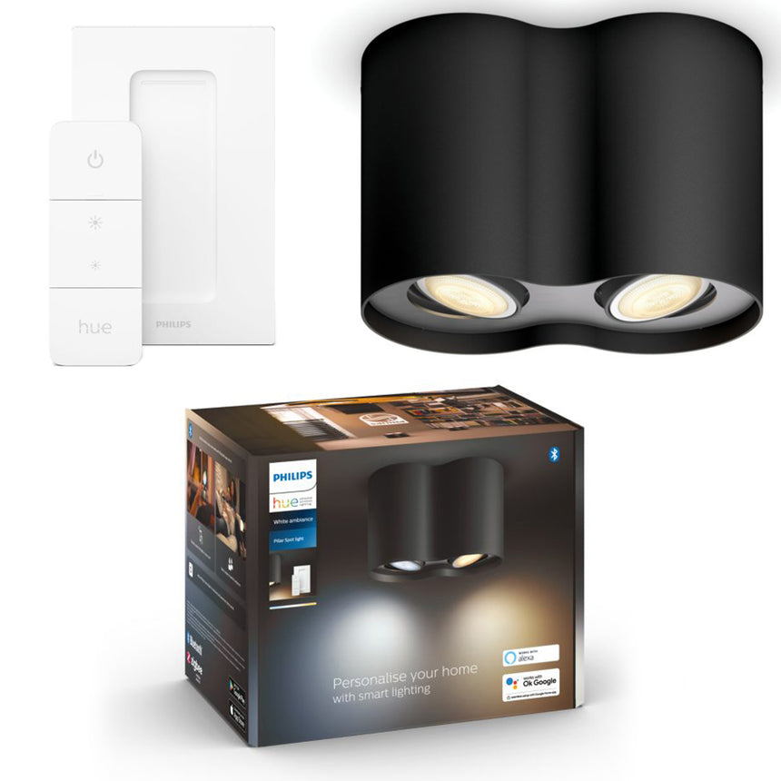 Spot luminos inteligent dublu Philips Hue Pillar, Bluetooth, ZigBee Light Link, 2xGU10, 10W, 700 lm, lumina ambianata alba (2200-6500K), Metal, Negru, clasa energetica G