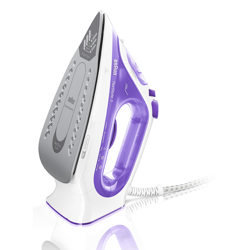 Fier de calcat Braun TexStyle 3 SI3042VI, 2350W, jet de abur 160g/min, abur variabil 0-45 g/min, talpa SuperCeramic, rezervor 270 ml, tehnologie FreeGlide, sistem antipicurare, alb/violet