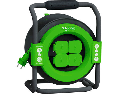 Prelungitor cablu cu tambur Schneider Electric Thorsman IMT33147, 25m, profesional, 4 prize, IP44, 13A, 1.5 mm, H07RN-F3G1.6, verde/negru