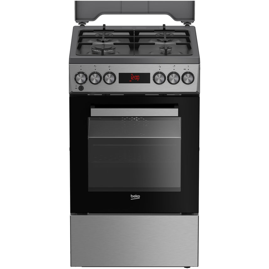 Aragaz Beko FSM52331TXDS, Mixt, 4 arzatoare, 3D cooking, Cuptor electric, High-Efficiency Gas Burner. Gatire asistata de abur, SteamShine Cleaning, 8 functii, 60 cm, Clasa A, Inox