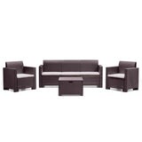 Set mobilier gradina/terasa Nebraska, canapea 3 locuri + 2 fotolii + masuta depozitare, perne incluse, maro