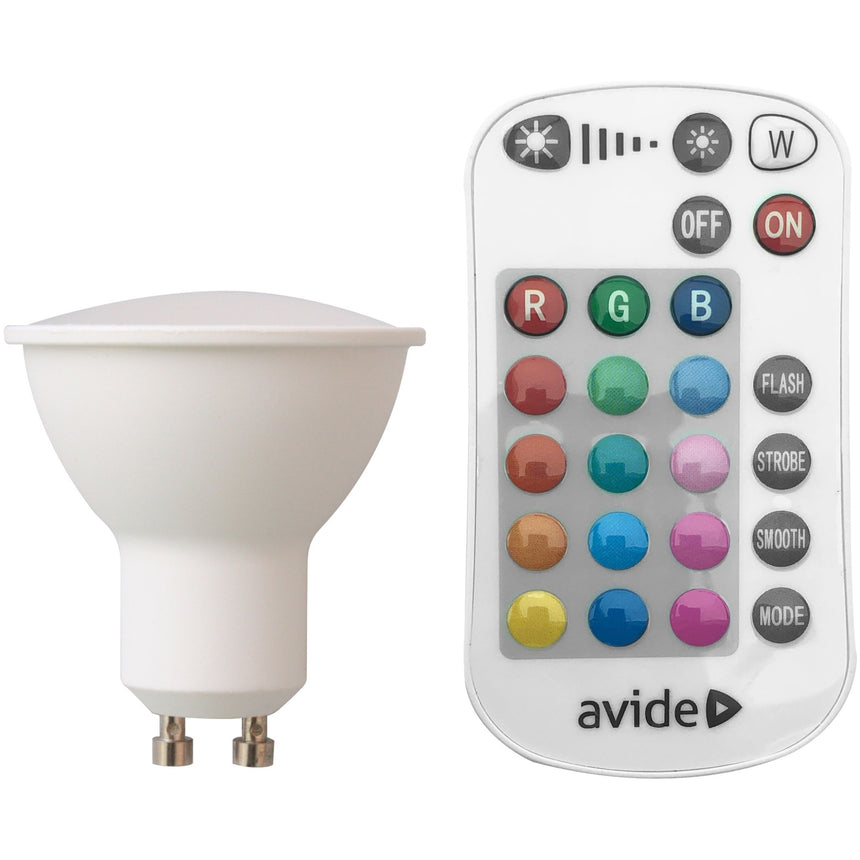 Bec LED Avide RGB+W, GU10, 4.2W (23W), 2700K, control telecomanda, dimabil