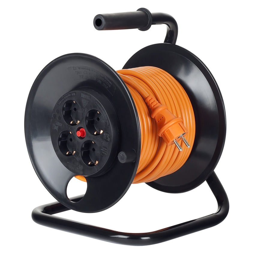 Prelungitor cu tambur Bachmann, 4 prize Schuko, protectie copii, termosiguranta, cadru metalic, IP20, cordon H05VV-F 3G 1.5mm², 25m, Orange