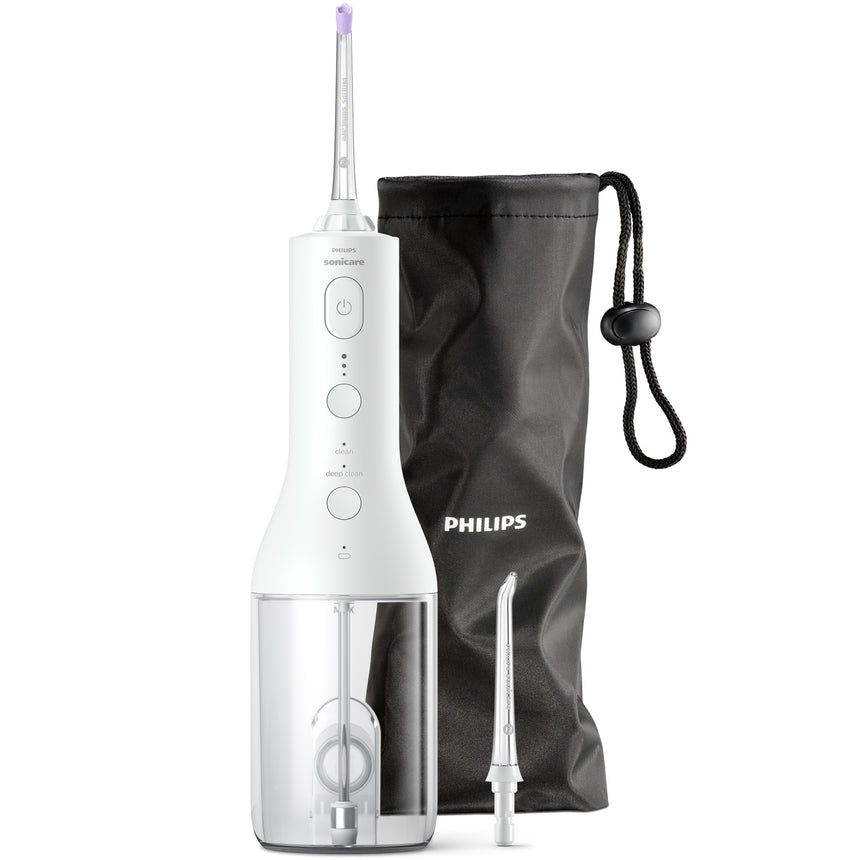 Irigator bucal tip dus bucal Philips Sonicare HX3826/31 cu tehnologie QuadStream, portabil, 2 moduri de curatare, 3 niveluri de intensitate , include 2 x capete de curatare si 1 x husa trasport, alb