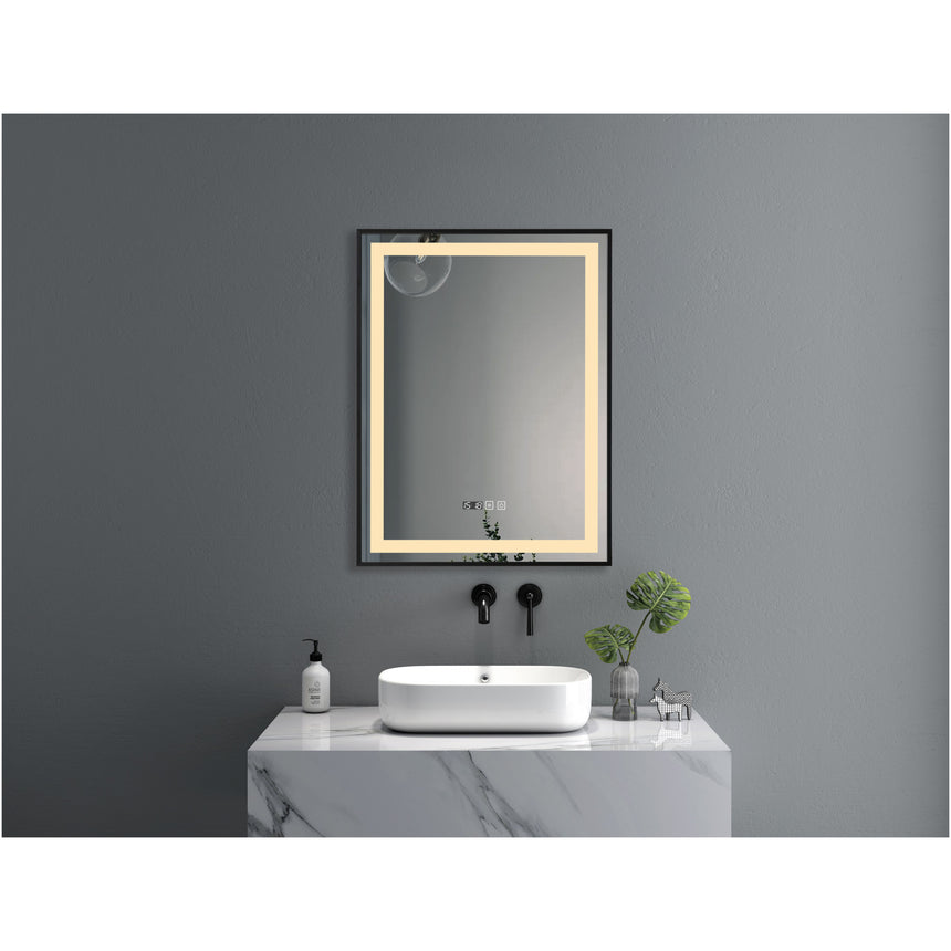 Oglinda baie Belform Infinity, cu iluminare LED 3 culori, intrerupator Touch, ceas, functie dezaburire, 60x80 cm, rama aluminiu neagra, clasa energetica F