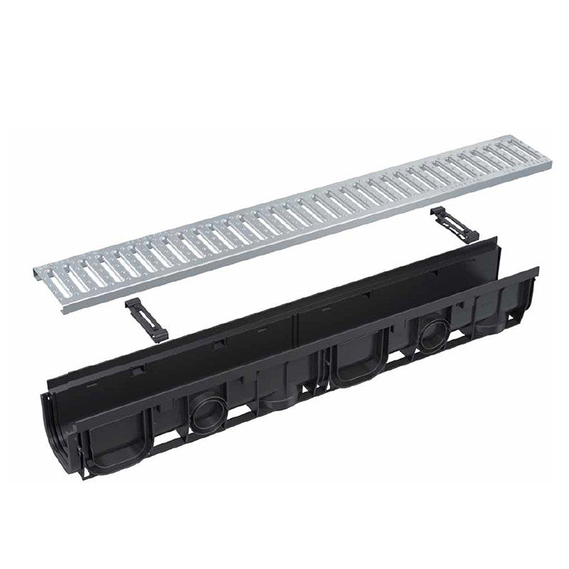 Rigola de exterior de 1000x139x144 mm, cu rama din plastic integrata si gratar profil C galvanizat